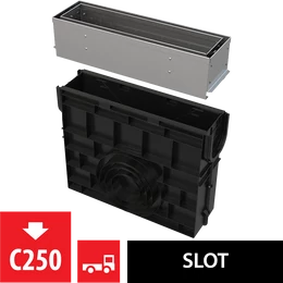 ALCA aszimmetrikus kültéri résfolyóka revíziós résszel 100 mm, rozsdamentes acélból ALCA aszimmetrikus kültéri résfolyóka revíziós résszel 100 mm, rozsdamentes acélból