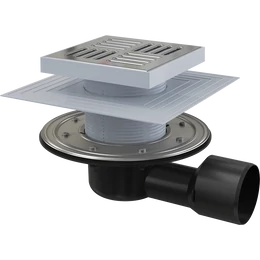 ALCA padlóösszefolyó 105×105/50/75 mm vízszintes, vizes és száraz bűzzár