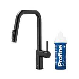 KFA ARMATURA Duero Pure Style vízszűrős mosogató csaptelep kihúzható kifolyóval, fekete, kék szűrővel