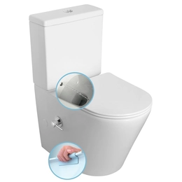SAPHO Paco rimless monoblokkos WC, alsó/hátsó kifolyású, ülőke nélkül, fehér csapteleppel, bidézuhannyal, 38×64 cm, duálgombos öblítőmechanikával