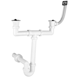 Kétmedencés csőszifon 6/4", 1 túlfolyóval, 2 leeresztőszeleppel, Ø40 mm-es elfolyással Kétmedencés csőszifon 6/4", 1 túlfolyóval, 2 leeresztőszeleppel, Ø40 mm-es elfolyással