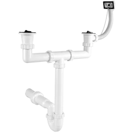 Kétmedencés csőszifon 6/4", 1 túlfolyóval, 2 leeresztőszeleppel, Ø50 mm-es elfolyással Kétmedencés csőszifon 6/4", 1 túlfolyóval, 2 leeresztőszeleppel, Ø50 mm-es elfolyással