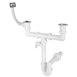Kétmedencés csőszifon 6/4", 1 túlfolyóval, 2 leeresztőszeleppel, mosógép csatlakozóval, Ø40 mm-es elfolyással Kétmedencés csőszifon 6/4", 1 túlfolyóval, 2 leeresztőszeleppel, mosógép csatlakozóval, Ø40 mm-es elfolyással