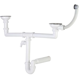 Csőszifon 6/4", kétmedencés, kerek túlfolyóval, 2 db leeresztővel, mosógép csatlakozóval, Ø50 mm-es elfolyással Csőszifon 6/4", kétmedencés, kerek túlfolyóval, 2 db leeresztővel, mosógép csatlakozóval, Ø50 mm-es elfolyással