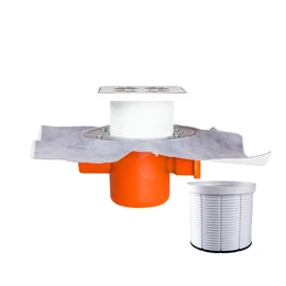 Szuezszifon II. ágú, szigetelhető, tokozott + golyós bűzzár + magasított rozsdamentes rács + magasító gyűrű