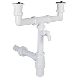 Kétmedencés mosogató búraszifon 6/4", 2 leeresztőszeleppel, mosógép csatlakozóval, Ø40 mm-es elfolyással Kétmedencés mosogató búraszifon 6/4", 2 leeresztőszeleppel, mosógép csatlakozóval, Ø40 mm-es elfolyással