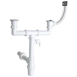 Kétmedencés mosogató búraszifon 6/4", túlfolyóval, 2 leeresztőszeleppel, mosógép csatlakozóval, Ø40 mm-es elfolyással Kétmedencés mosogató búraszifon 6/4", túlfolyóval, 2 leeresztőszeleppel, mosógép csatlakozóval, Ø40 mm-es elfolyással