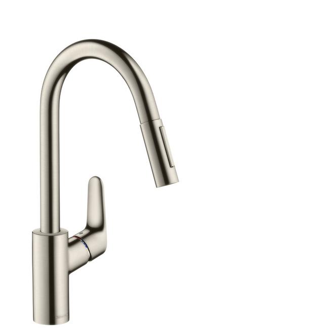 HANSGROHE Focus M41 egykaros konyhai csaptelep kihúzható zuhanyfejjel, nemesacél felület