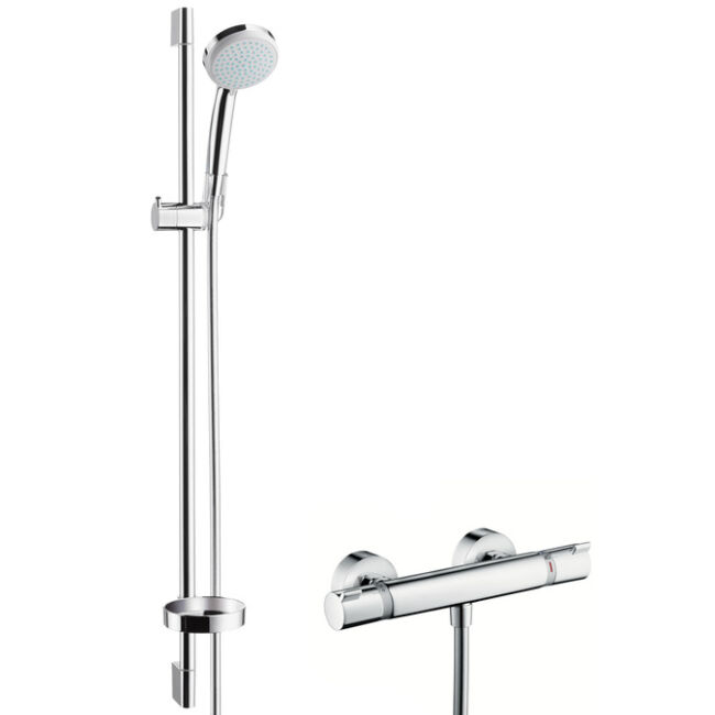 HANSGROHE Croma 100 falsíkon kívüli zuhanyrendszer Vario 90 cm-es zuhanyrúddal és Ecostat Comfort termosztáttal, EcoSmart 9 l/perc