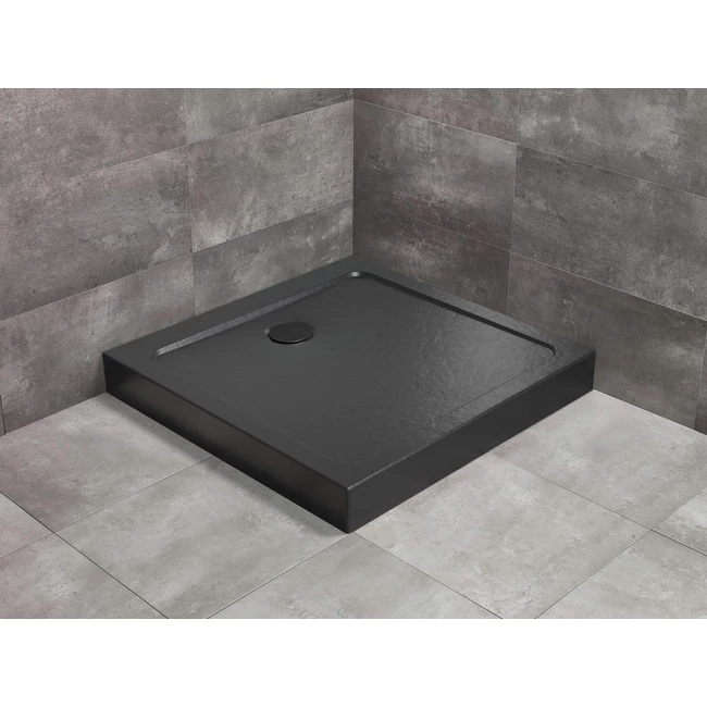 RADAWAY Doros Stone C szögletes akril zuhanytálca előlappal, fekete